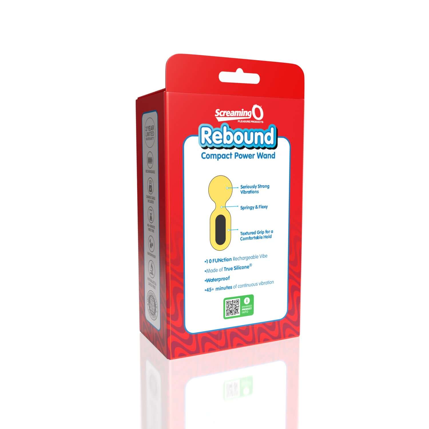 Screaming O Rebound Compact Power Wand packaging in Bumblee Yellow, showcasing features and waterproof design.