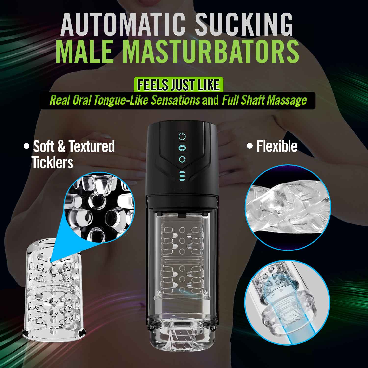 Automatic sucking male masturbators with soft textured ticklers, flexible design, and real oral tongue-like sensations for full shaft massage