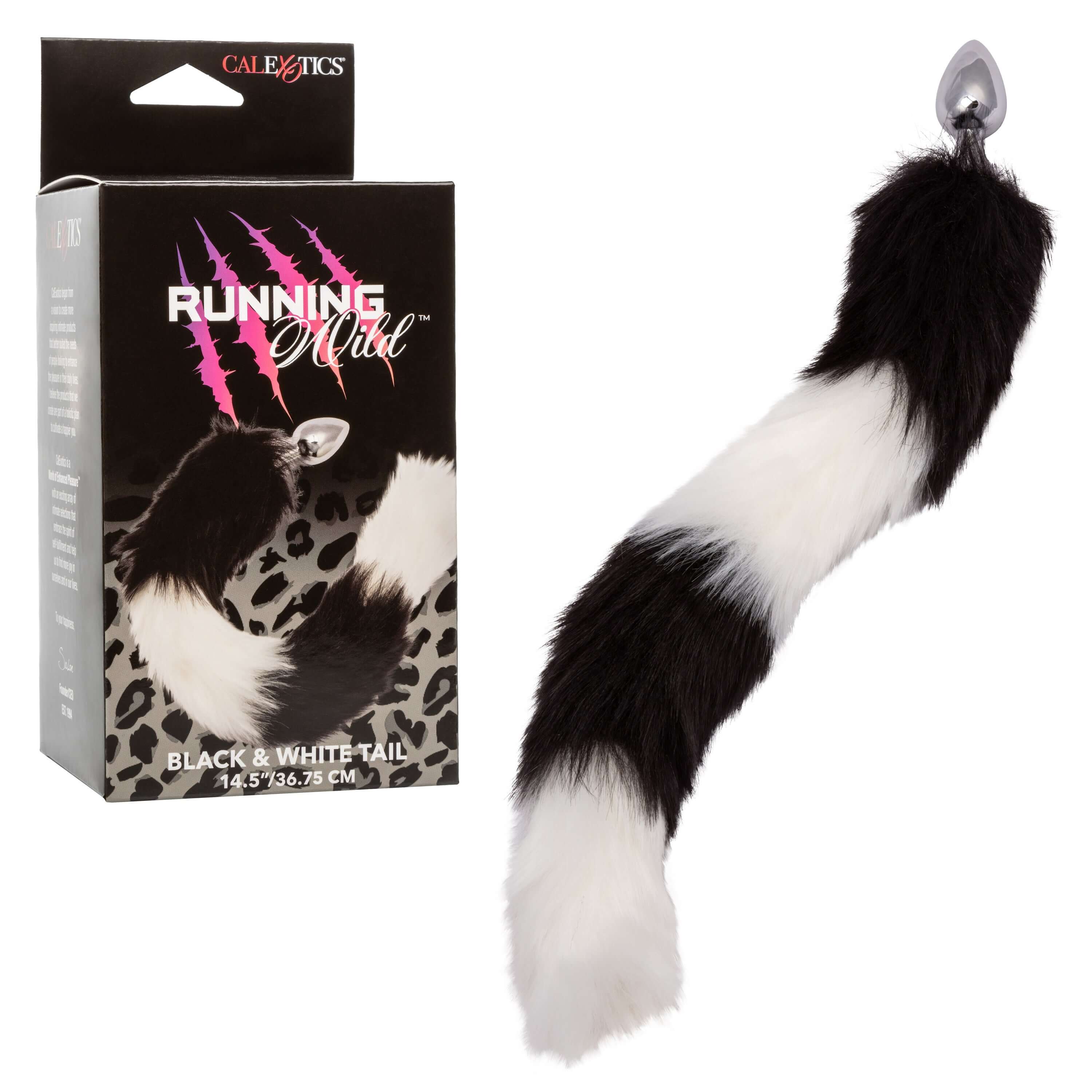 Black and white Running Wild Tail anal plug with luxury long tail and packaging.