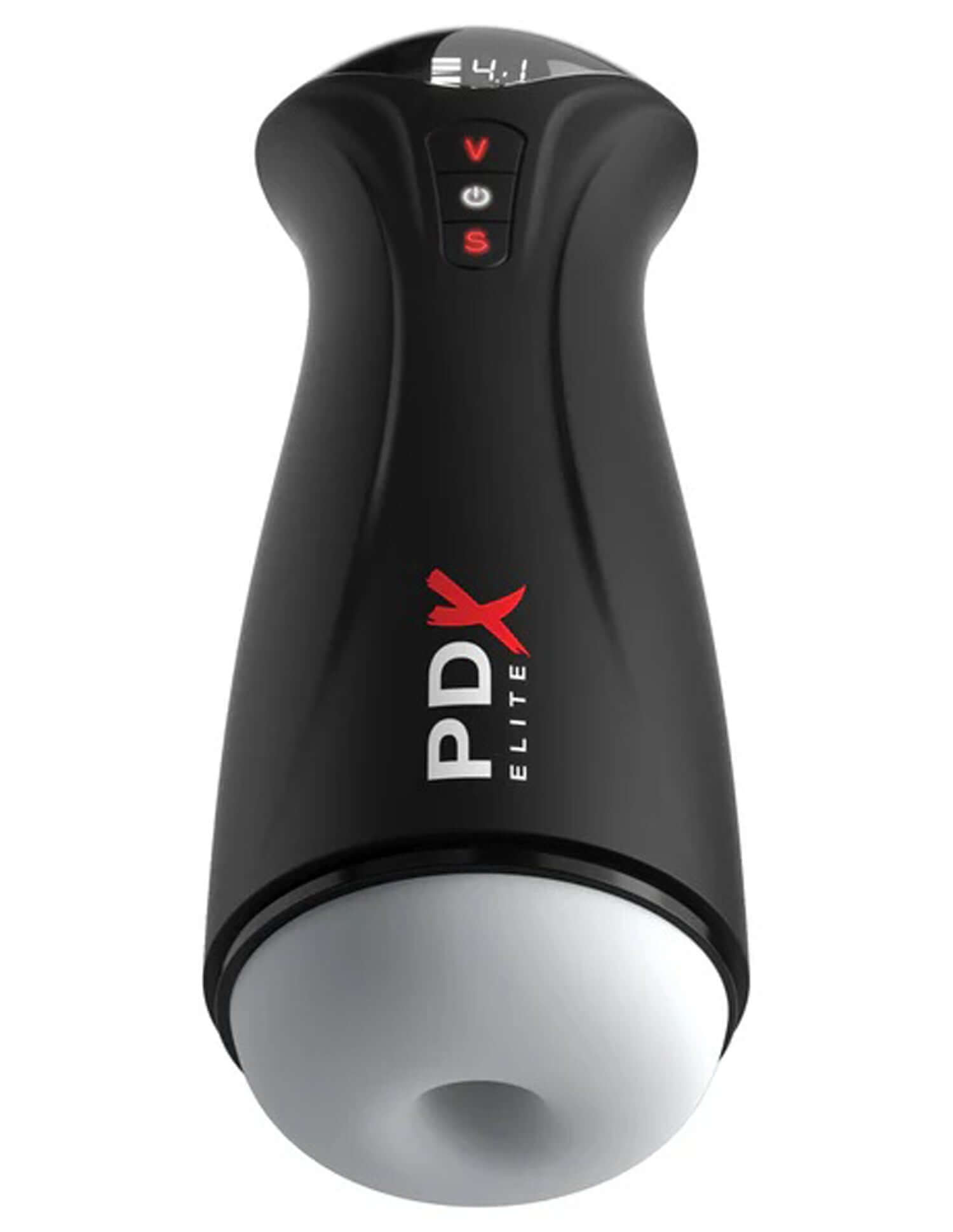 PDX Elite Fap-Gasm Realistic Suction Stroker in black with digital controls for customized pleasure sessions.