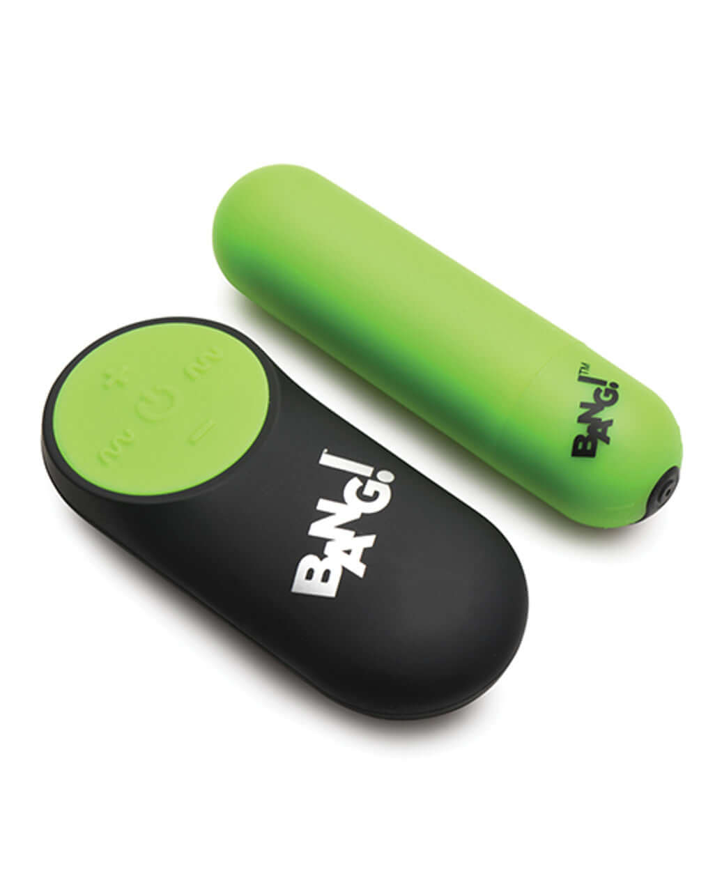 Glow in the dark green bullet vibrator with black remote featuring 28 vibration patterns, silky smooth feel, and USB rechargeable.