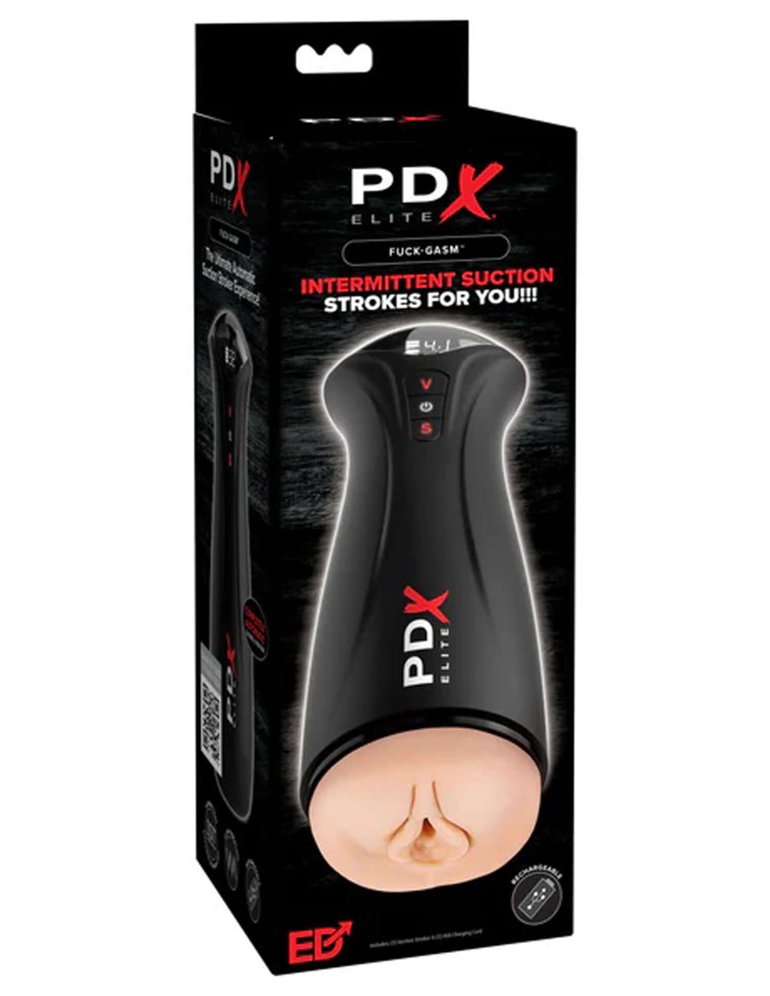 PDX Elite Fuck-Gasm Realistic Suction Stroker packaging showcasing design and features for enhanced solo pleasure.