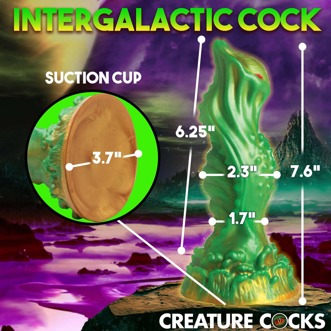 Green Nebula Alien Silicone Dildo with suction cup, showcasing size and texture details in an intergalactic themed background.