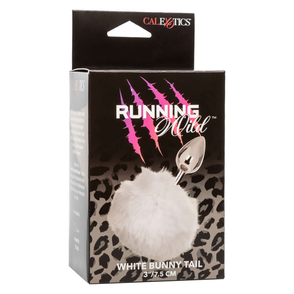 Packaging of Running Wild Bunny Anal Plug with a fluffy white tail and sleek metallic probe, designed for playful sensual experiences.