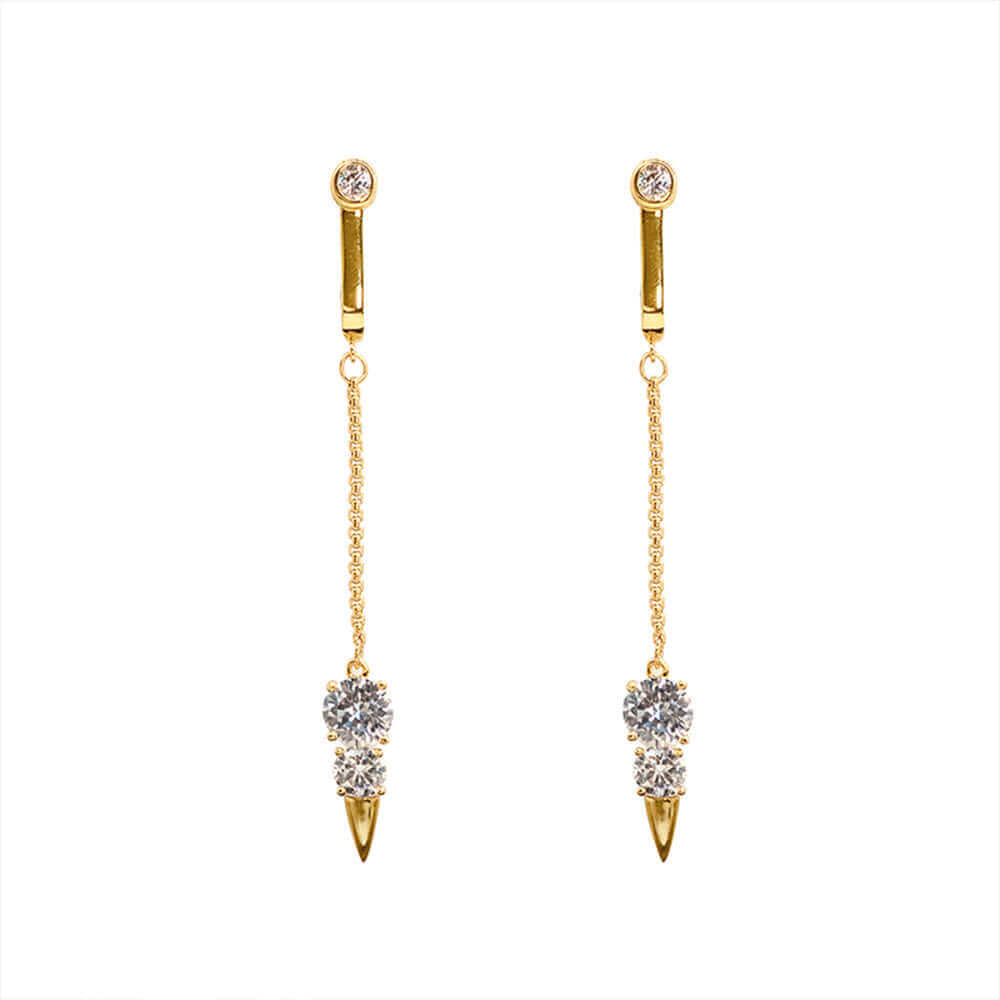 Elegant gold and crystal drop earrings with pointed end, perfect for adding a stylish touch to any outfit.