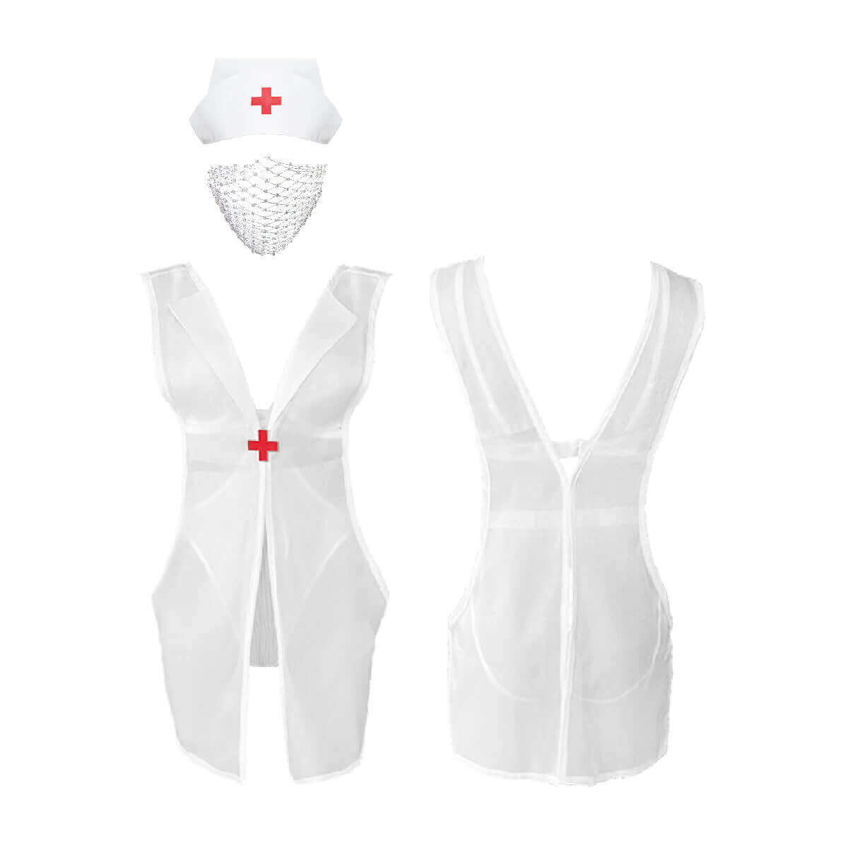 UPKO Nurse role play costume featuring a white vest with red cross and matching hat and mask for playful scenarios.