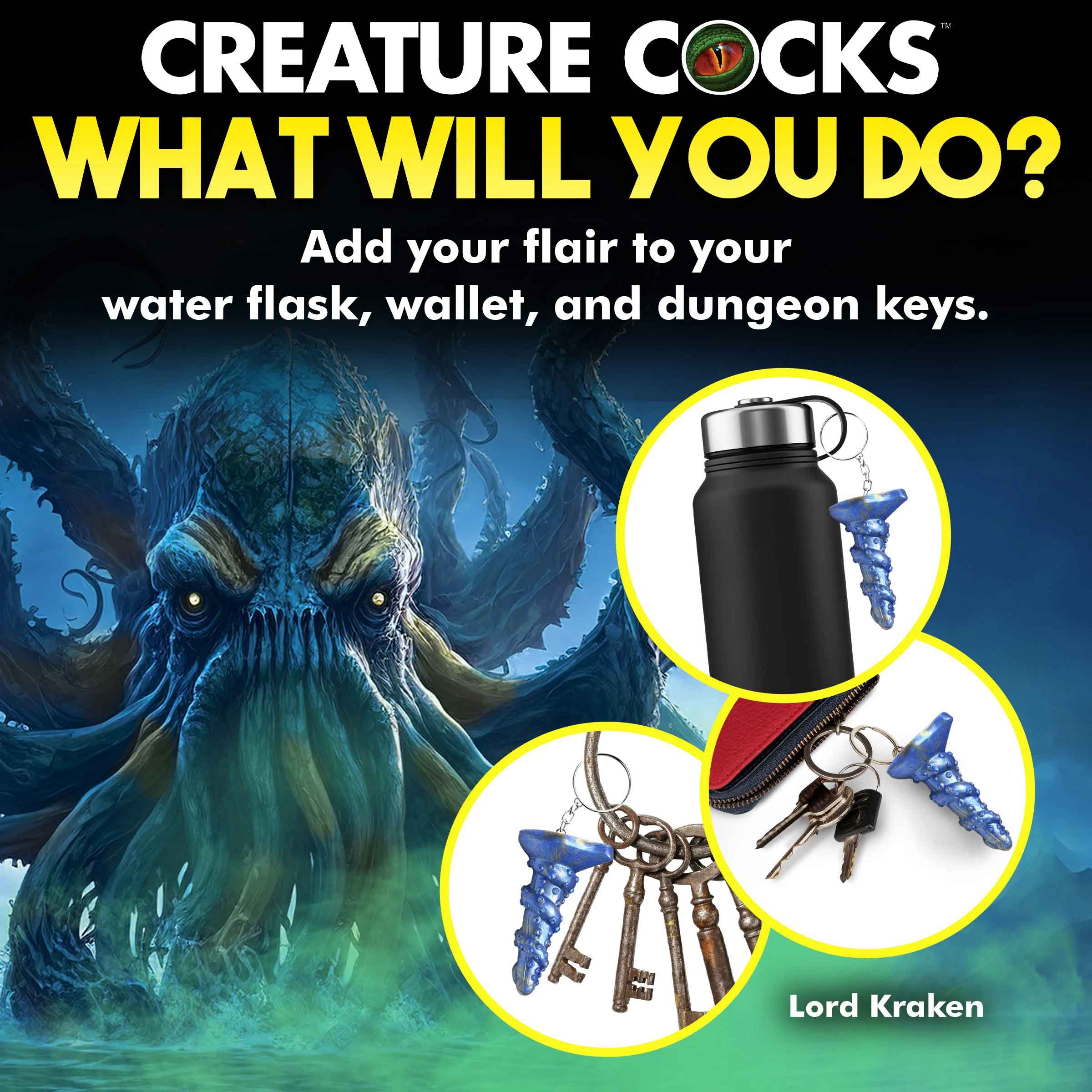 Lord Kraken Keychain - Blue, adds flair to your water flask, wallet, and keys. Creature Cocks fantasy roleplay keychain.