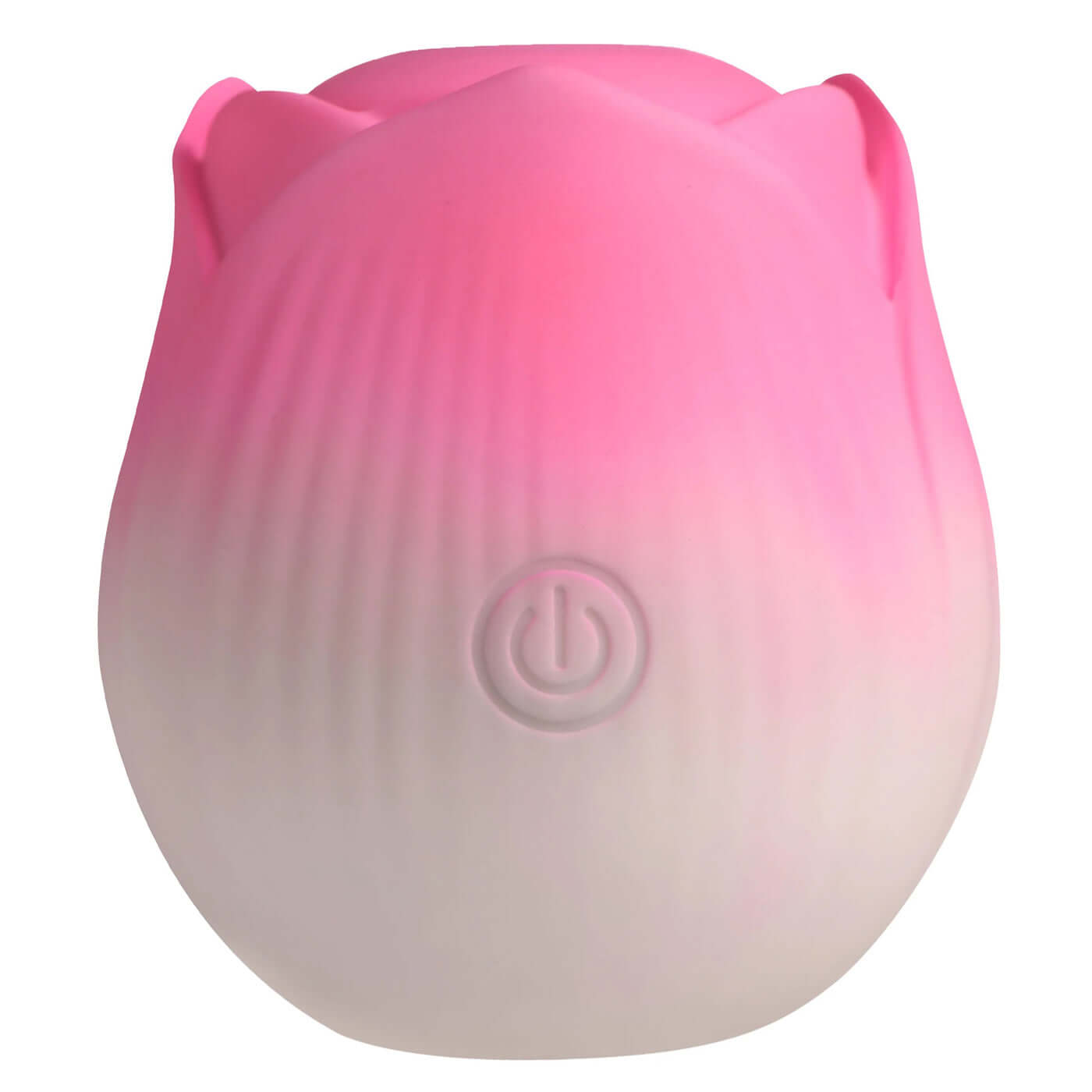 Pink rose-shaped pulsing stimulator made from premium silicone with power button, offering 3 speeds and 7 patterns, IPX7 waterproof.