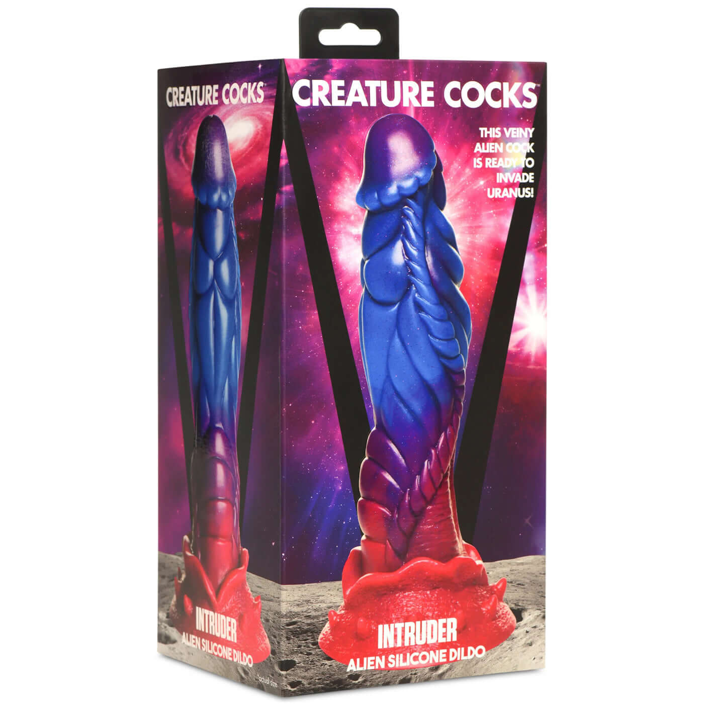 Intruder Alien Silicone Dildo in colorful packaging with vibrant blue, purple, and pink hues, showcasing a textured, cosmic-inspired design.