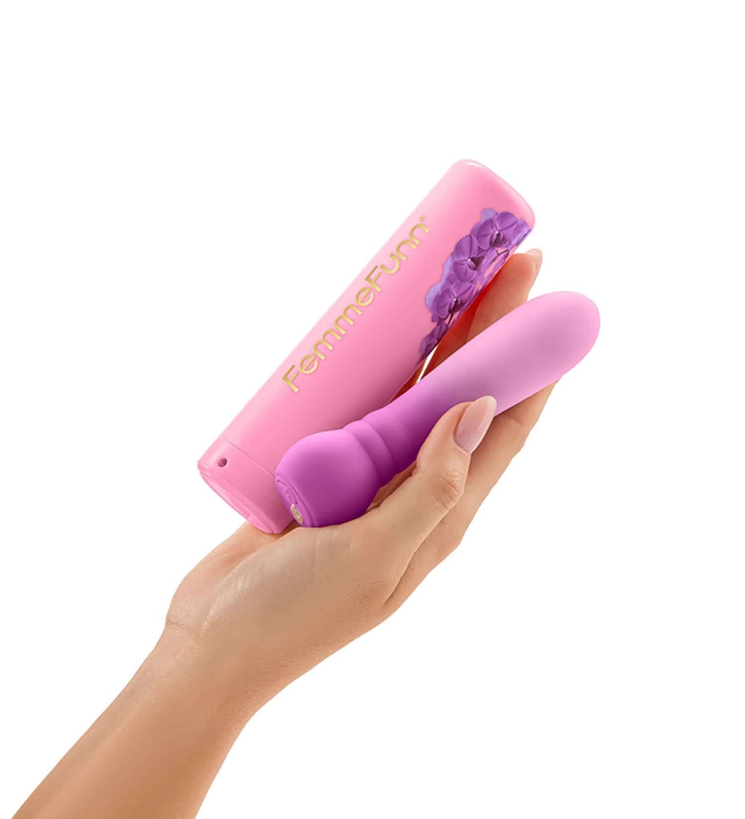 Hand holding the Anniversary Ultra Bullet Vibrator in pink with FemmeFunn packaging. Celebrating 10 years of innovation.