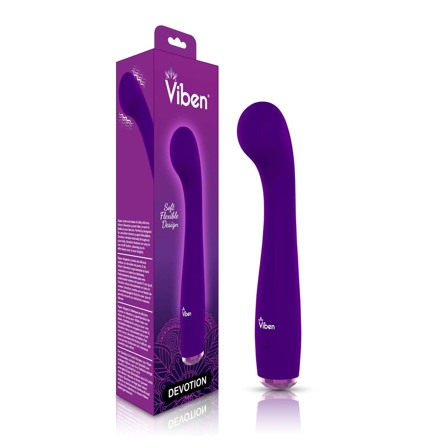 Viben Devotion Violet Intense G-Spot Vibe with packaging, made of silky silicone for internal stimulation.