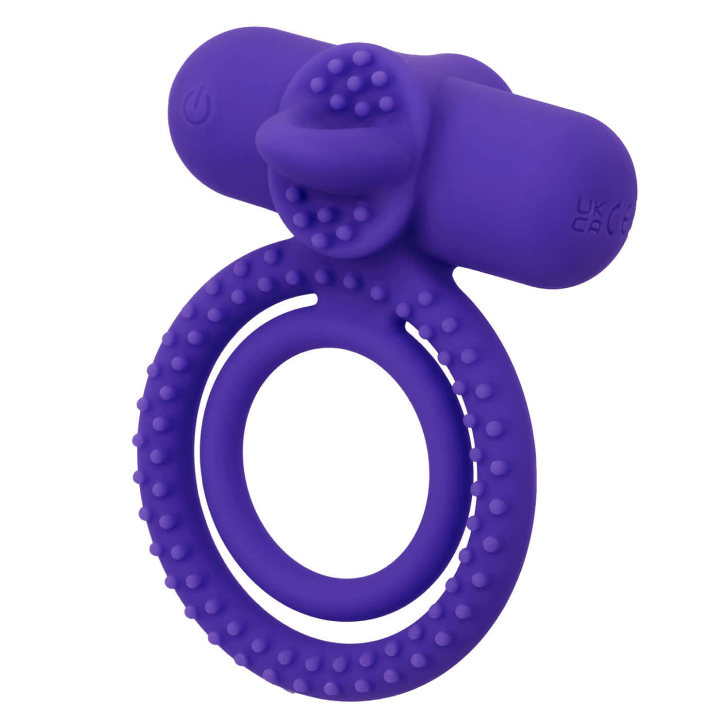 Purple Silicone Rechargeable Dual Climaxer with vibrating couples enhancer and soft flickering tongue.