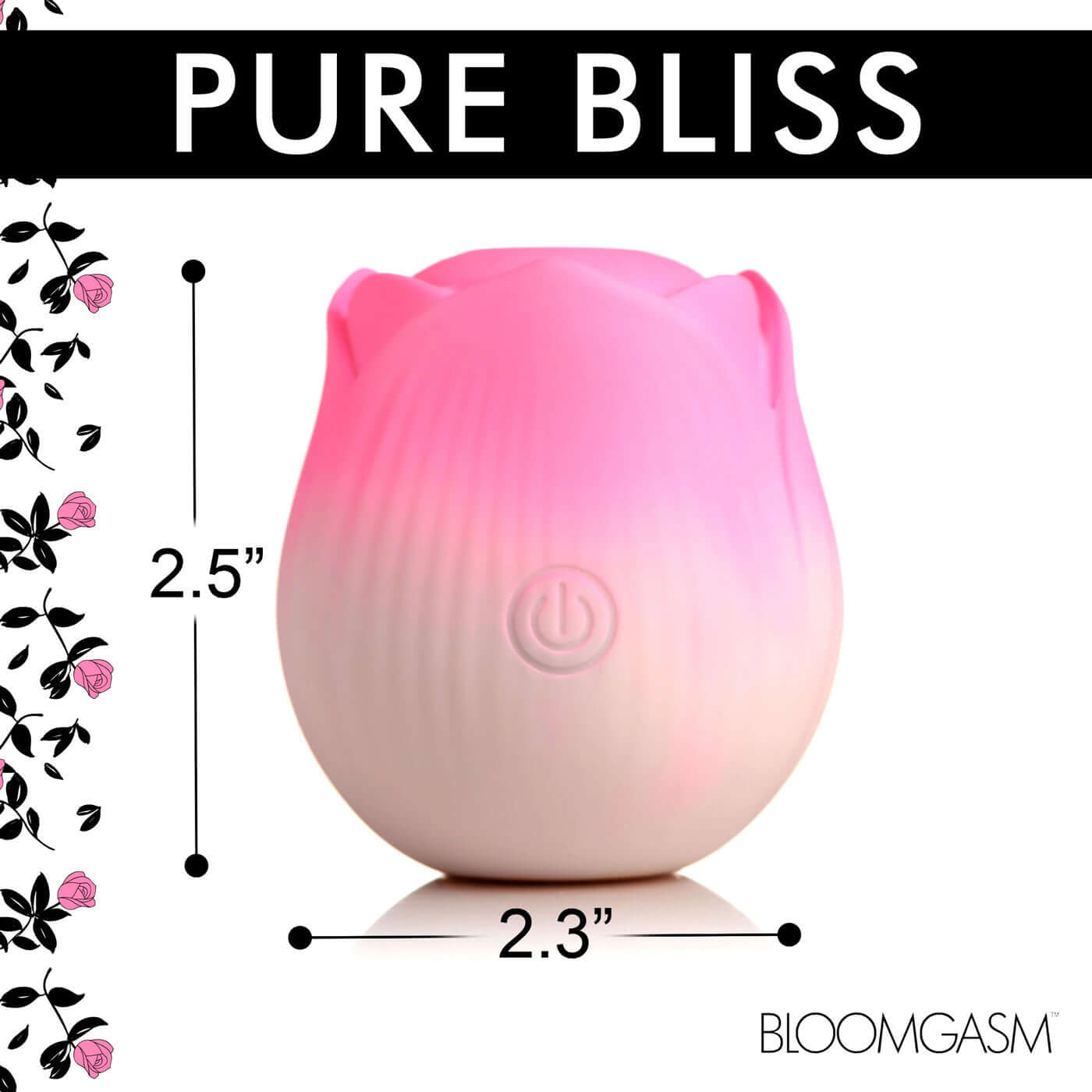 Pink Pulsing Petals Throbbing Rose Stimulator with dimensions 2.5" height and 2.3" width, made of premium silicone by Bloomgasm.