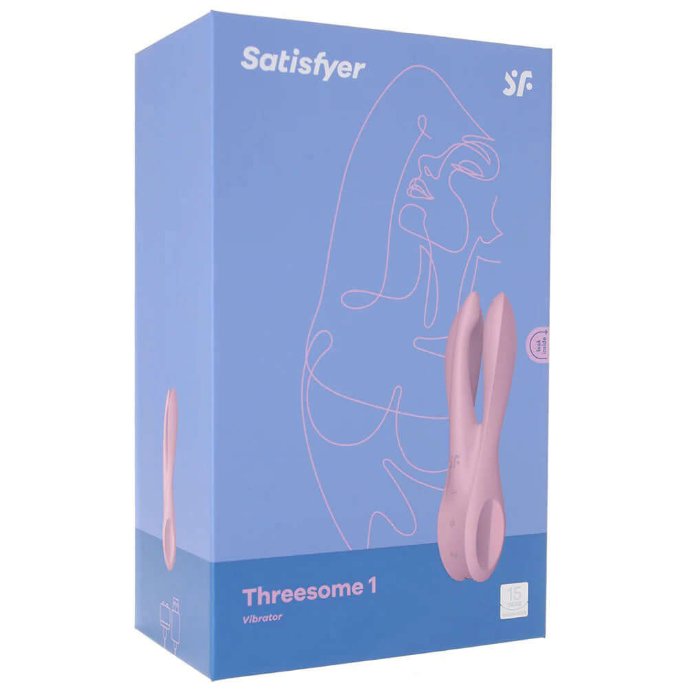 Satisfyer Threesome 1 Vibrator packaging in pink, showcasing a modern design and unique features for enhanced pleasure.