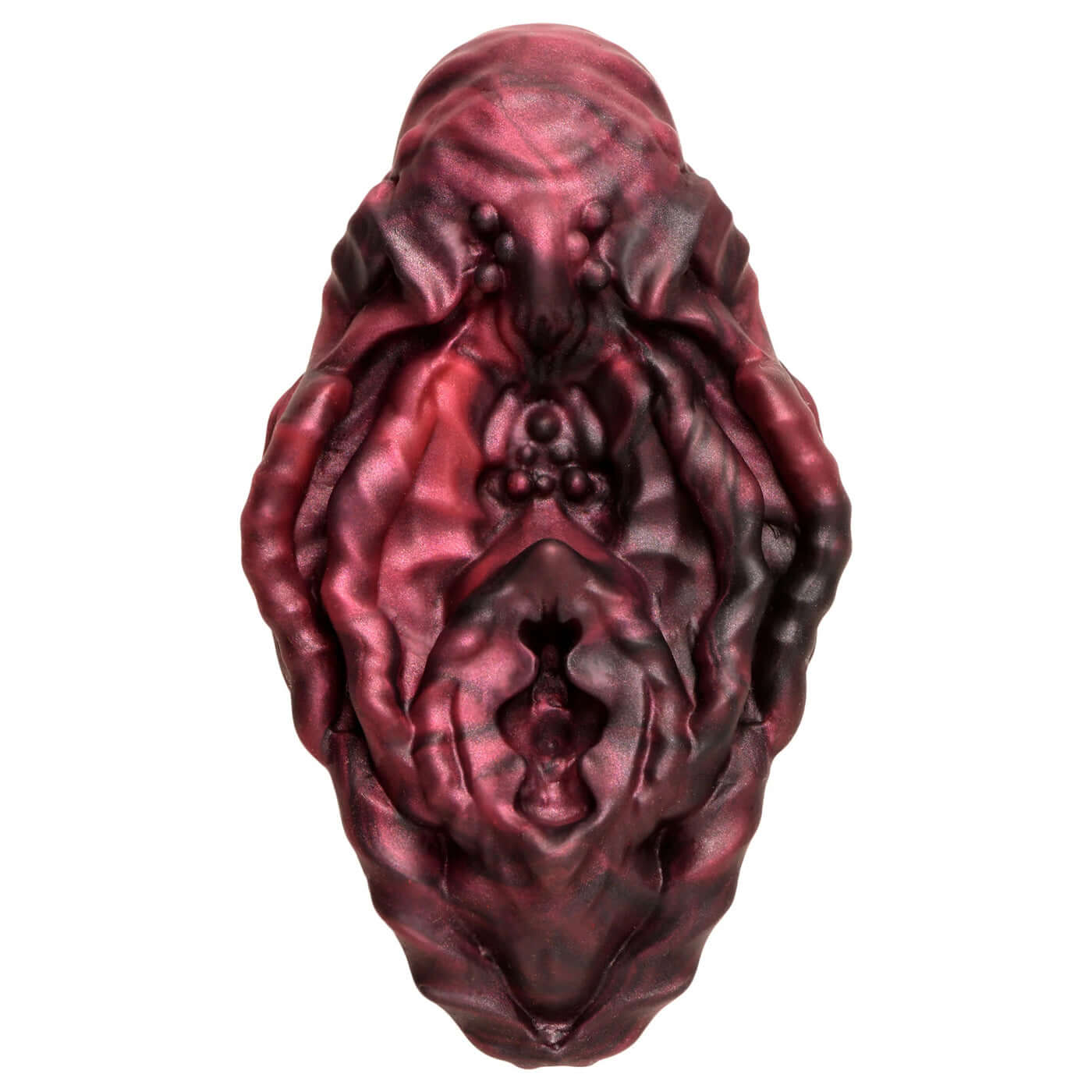 Xeno Pussy Vulva Silicone Grinder in red and black with textured alien design featuring beads, bumps, and grooves for non-penetrative pleasure.