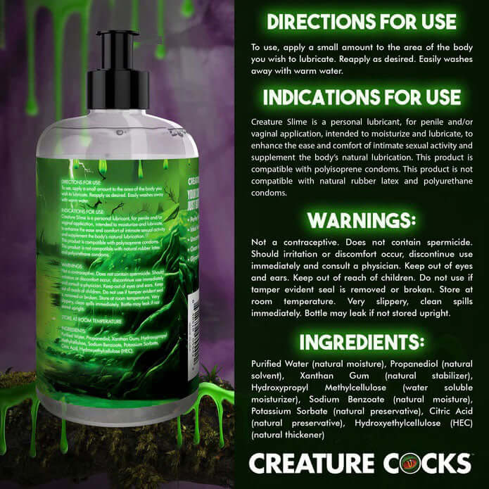 Creature Slime Water-Based Lubricant 16oz with usage instructions, indications, warnings, and ingredients on the label against a green background.