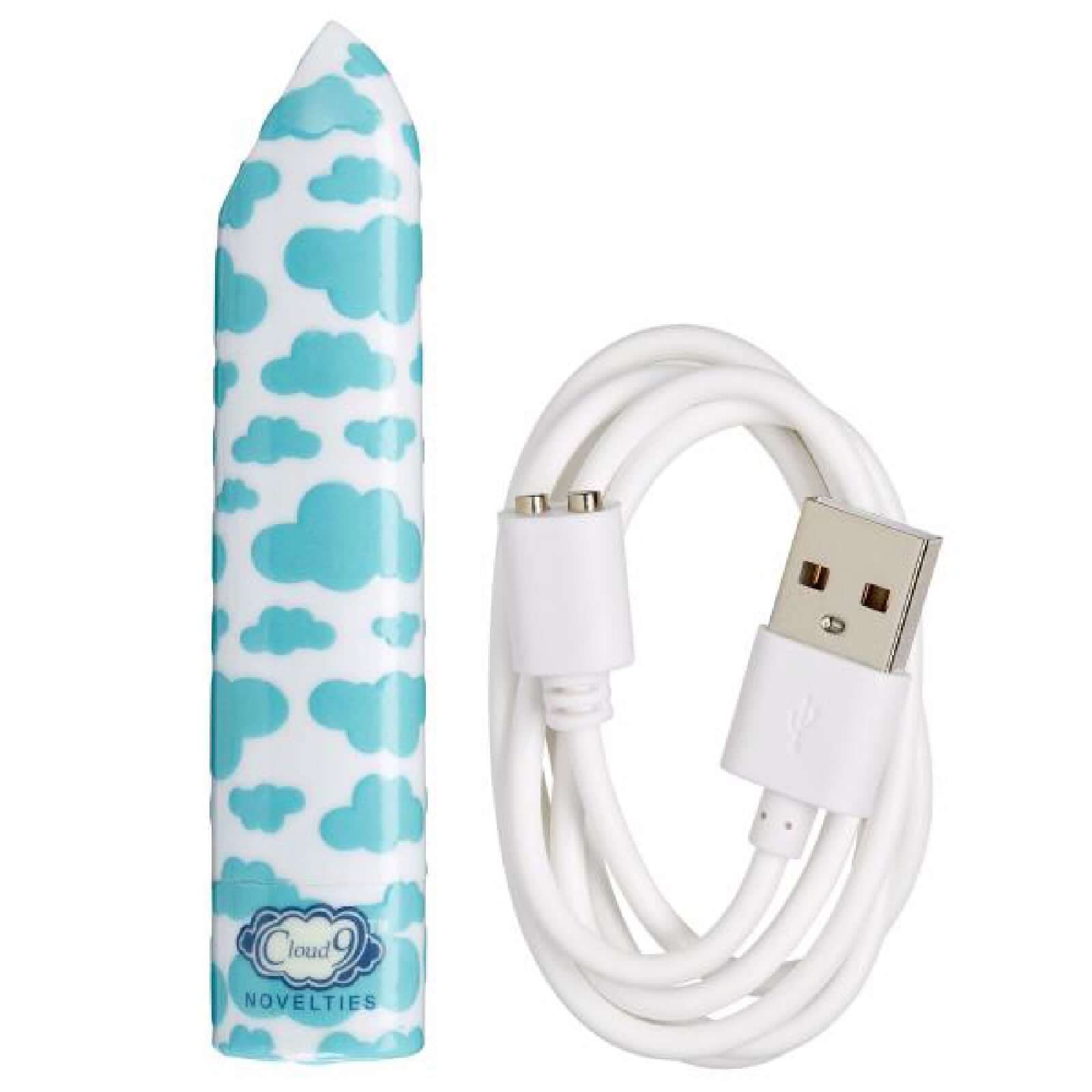 420 Slim Vibe Cloud - White/Blue Bullet Vibrator with Cloud 9 Novelties brand and USB charging cable, featuring ten vibration patterns.