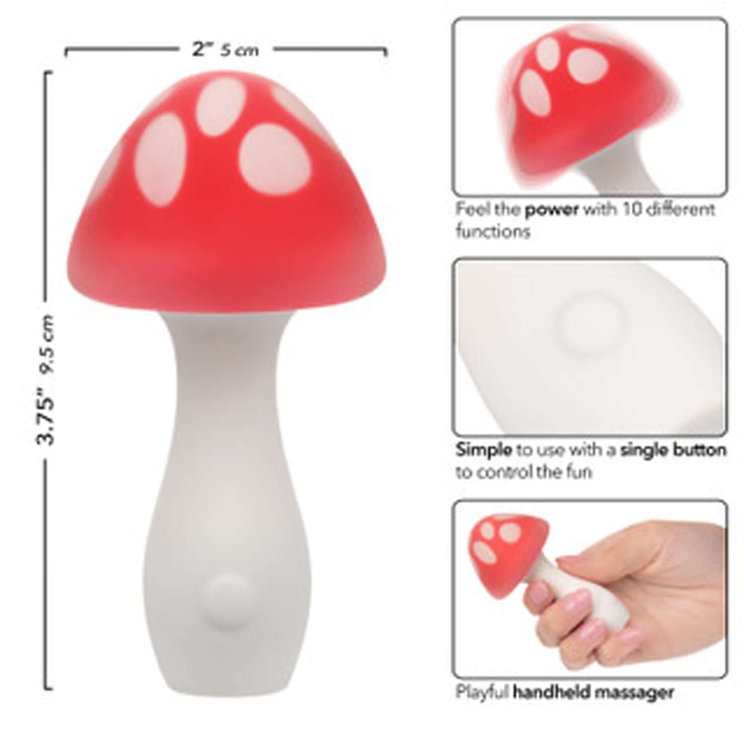 Naughty Bits Muff Shroom Playful Massager in red, 2" wide and 3.75" tall, featuring 10 functions for delightful sensations.