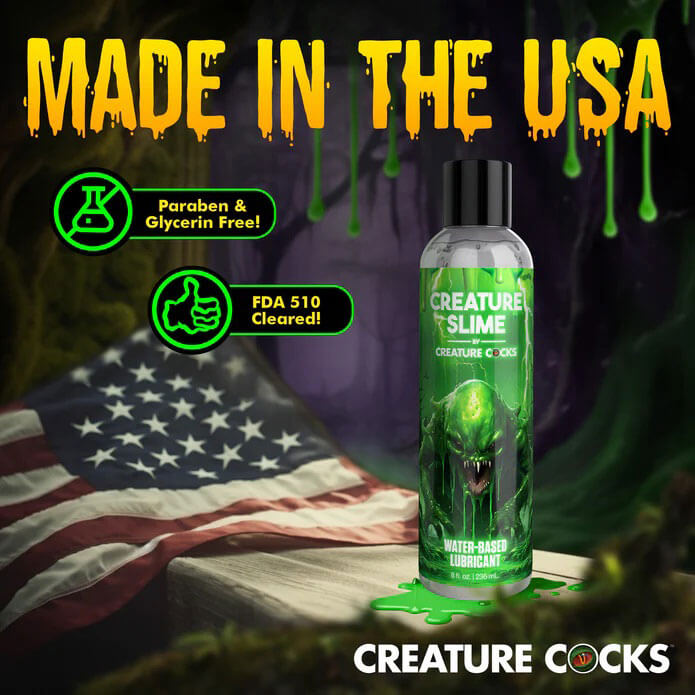 Creature Slime water-based lubricant 8oz bottle with "Made in the USA" text, American flag background, and paraben-free, FDA-cleared logos.