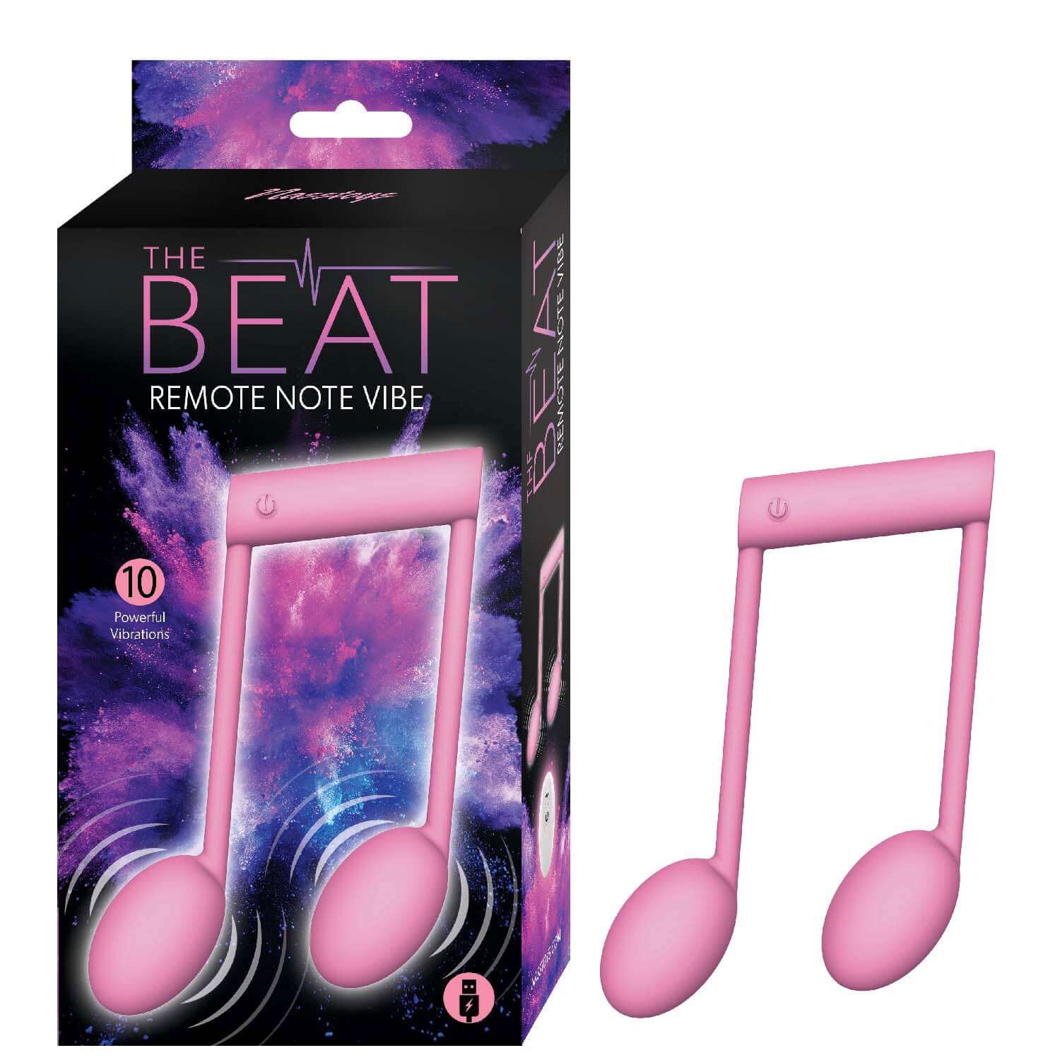 Pink Beat Remote Note Vibe with music note design and 10 vibration functions in artistic packaging.