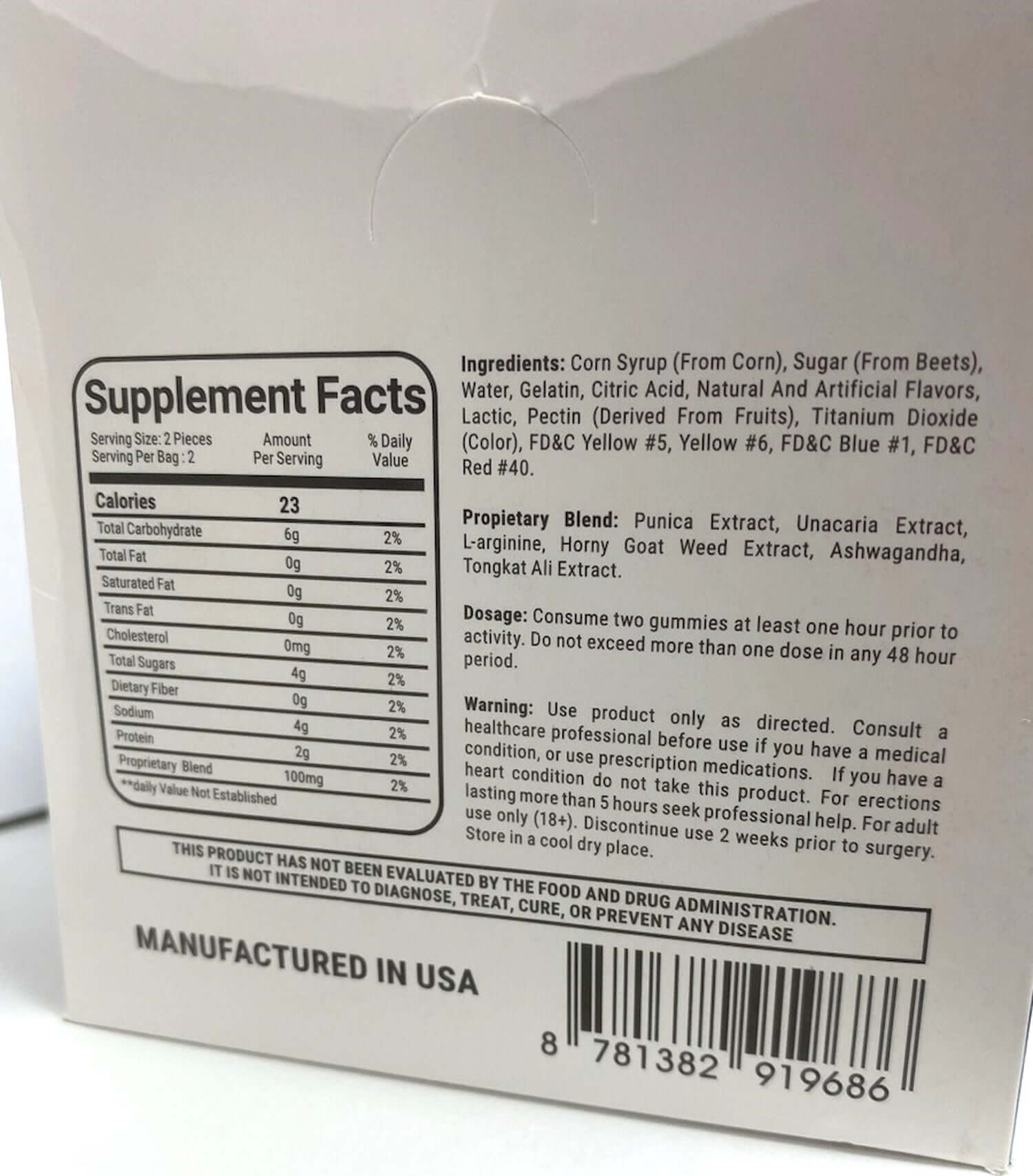 Nutrition facts and ingredients label on Woody Worms Gummy 25 Ct Display package, showing supplement details and health warnings.