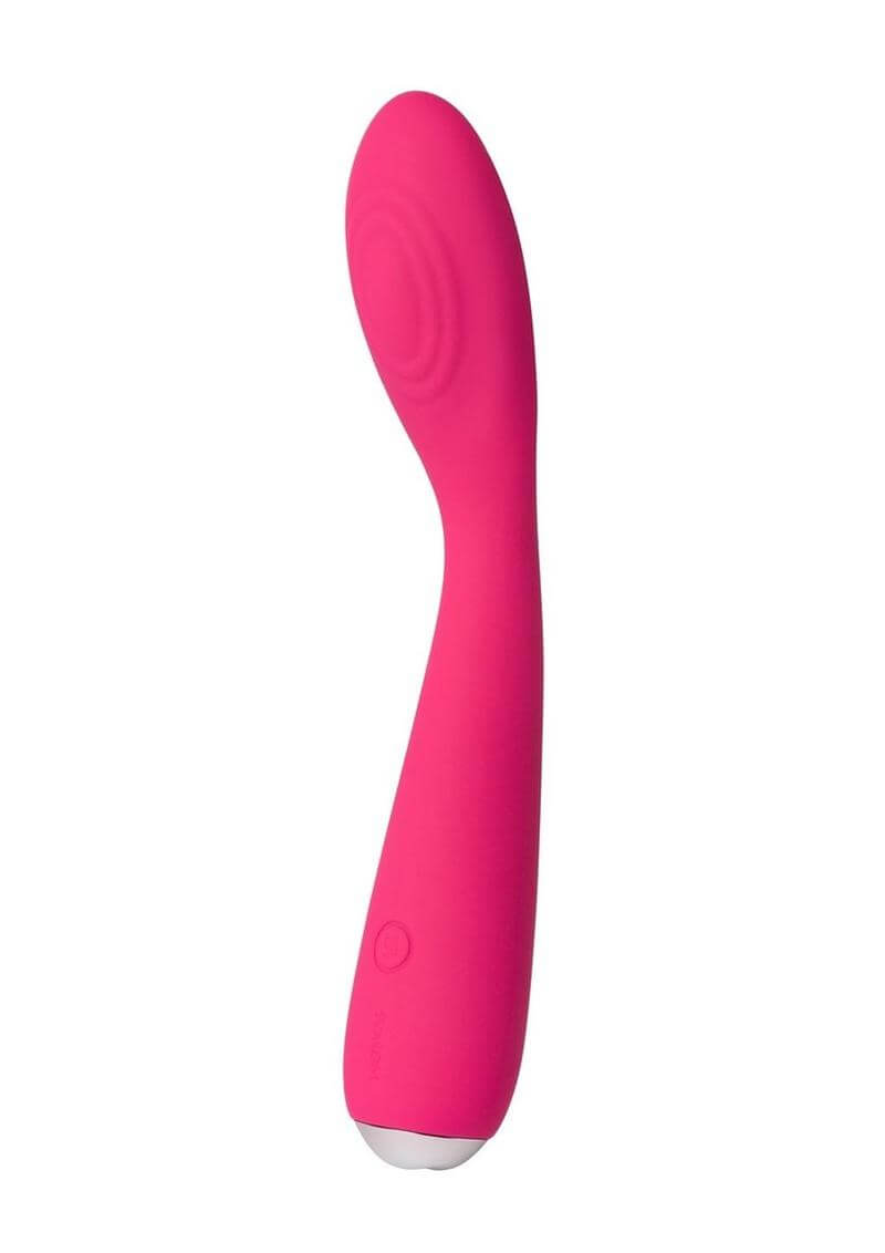 Svakom Iris Silicone G-Spot Rechargeable Vibrator in Plum Red with ergonomic design and textured head for clitoral and G-Spot stimulation