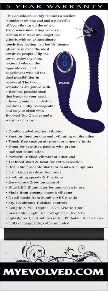 Double-ended suction vibrator with 5-year warranty, featuring a suction stimulator and powerful ribbed vibrator, available at myevolved.com