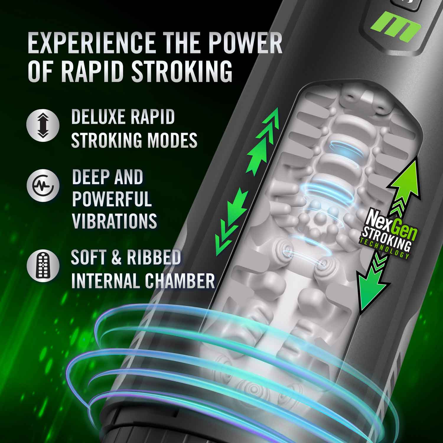 M for Men Master Blaster Masturbator showcasing deluxe rapid stroking modes, deep vibrations, and ribbed internal chamber.