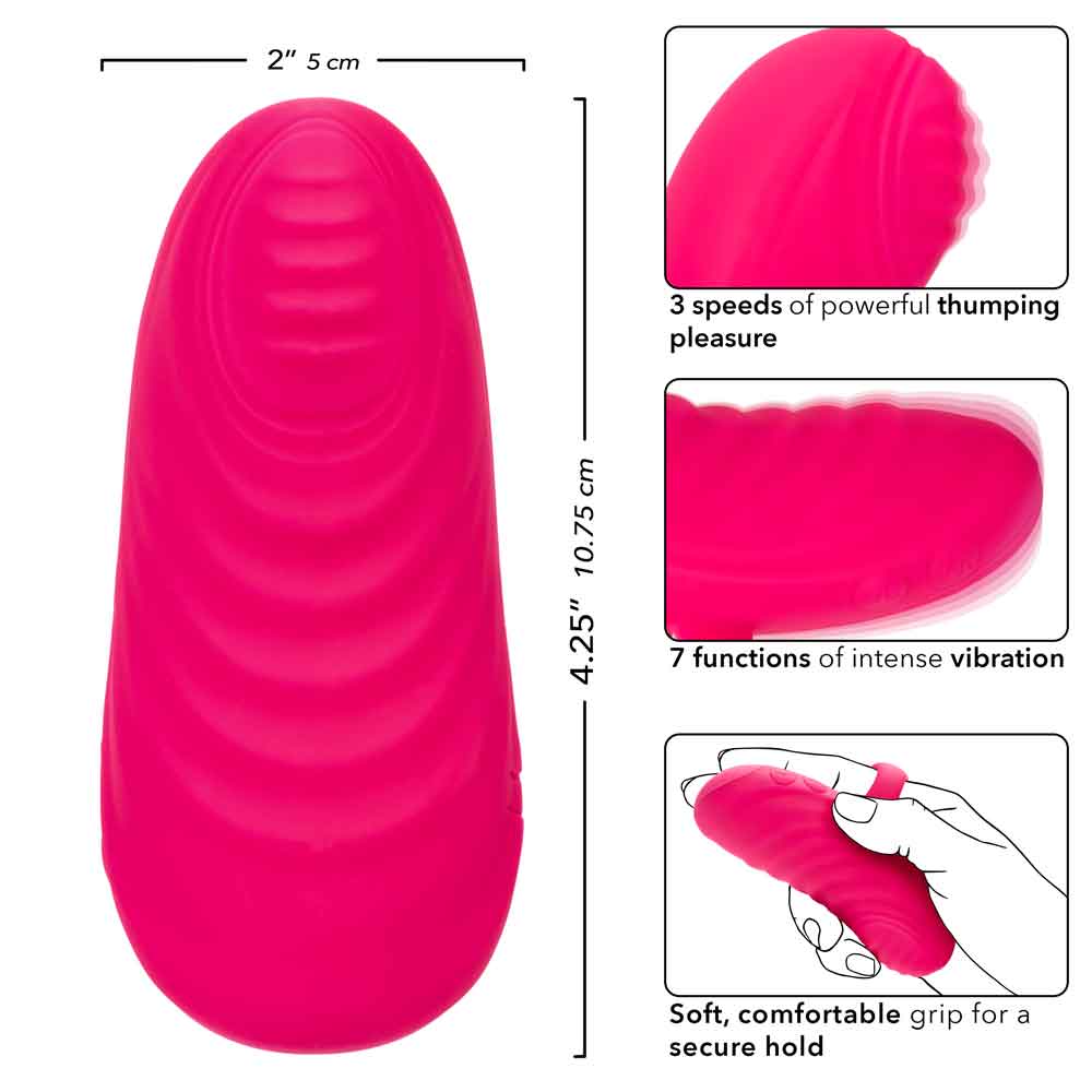 Envy Handheld Thumping Massager with 3 speeds, 7 functions, and soft grip for secure hold in pink color, size 4.25 x 2 inches.