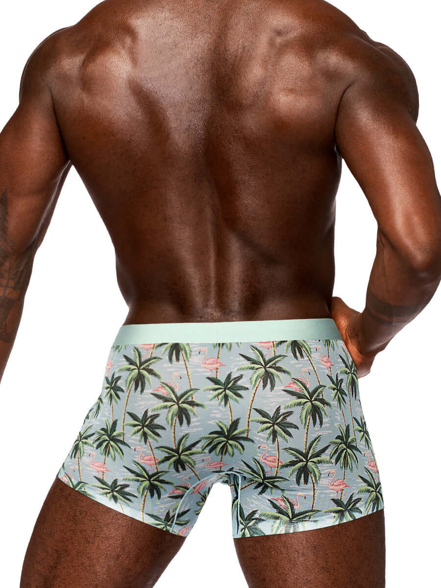 Man wearing Sheer Prints Seamless Sheer Short in medium size with flamingo print and palm trees, showcasing the back view.