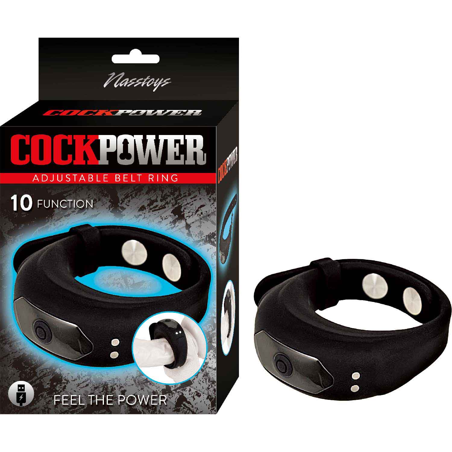 Cockpower adjustable belt ring black with 10 functions, USB rechargeable, and made from body-safe silicone for comfort and safety.