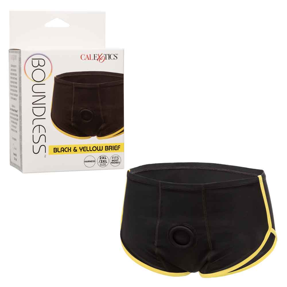 Premium Boundless Black and Yellow Brief 2x/3x offering comfort, discretion, and functionality - product and packaging view.