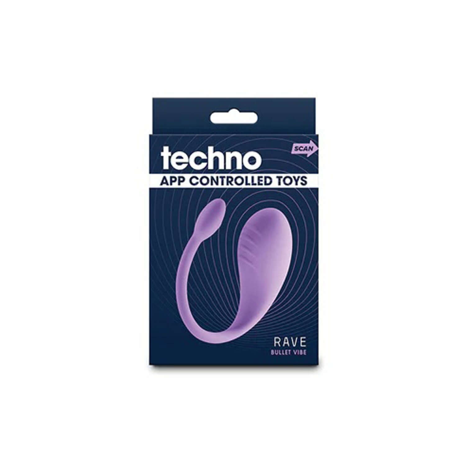 Techno Rave Vibrator in purple packaging, showcasing app-controlled features and sleek design.