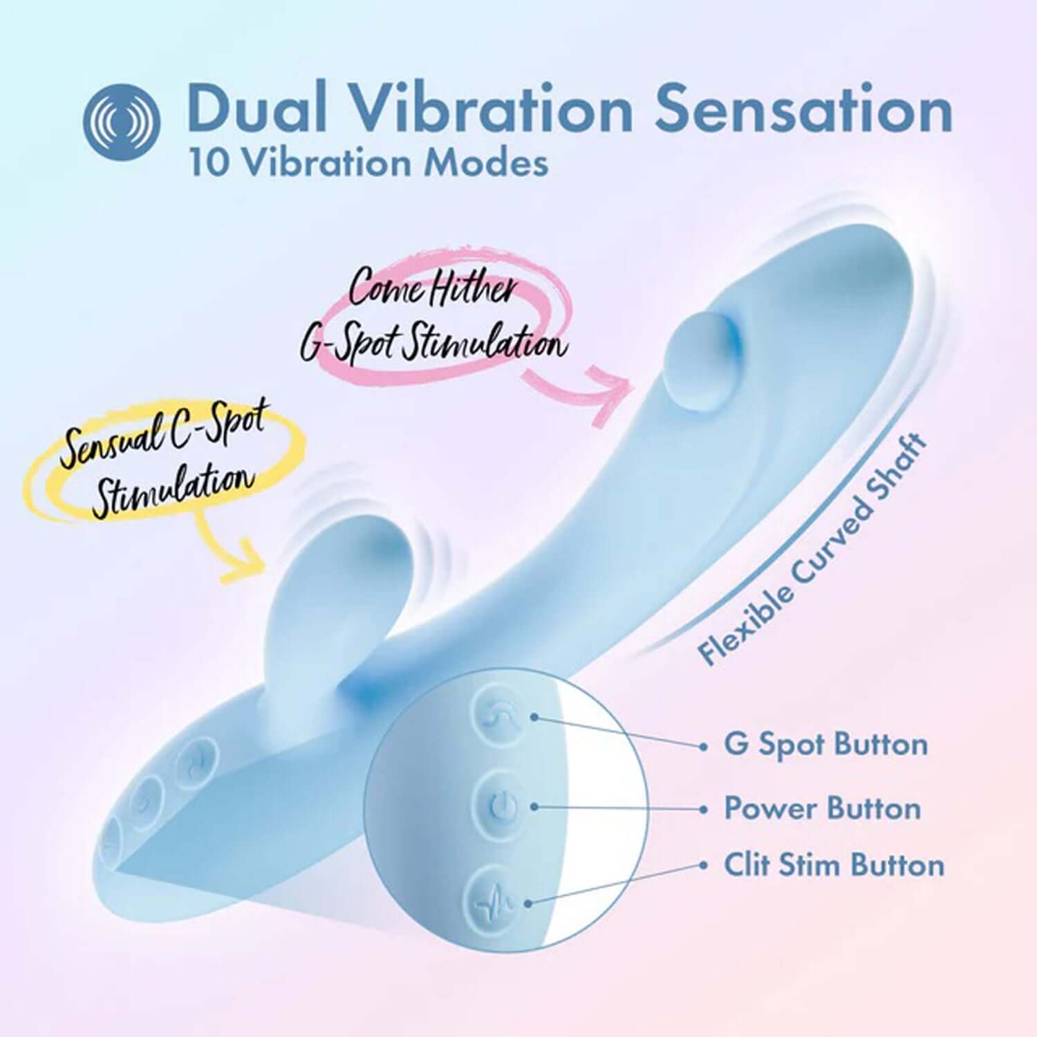 Play With Me Moondust Magic Blue rabbit massager with dual vibration modes, flexible curved shaft, and customizable settings.