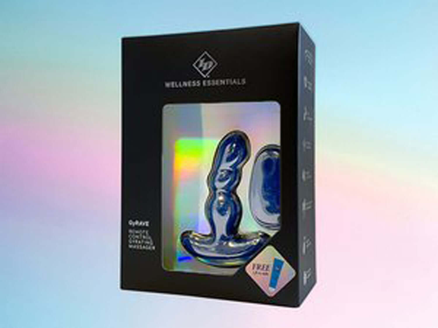 Gyrave Remote Control Gyrating Massager packaging in blue, showcasing smooth silicone design and secure flared base.