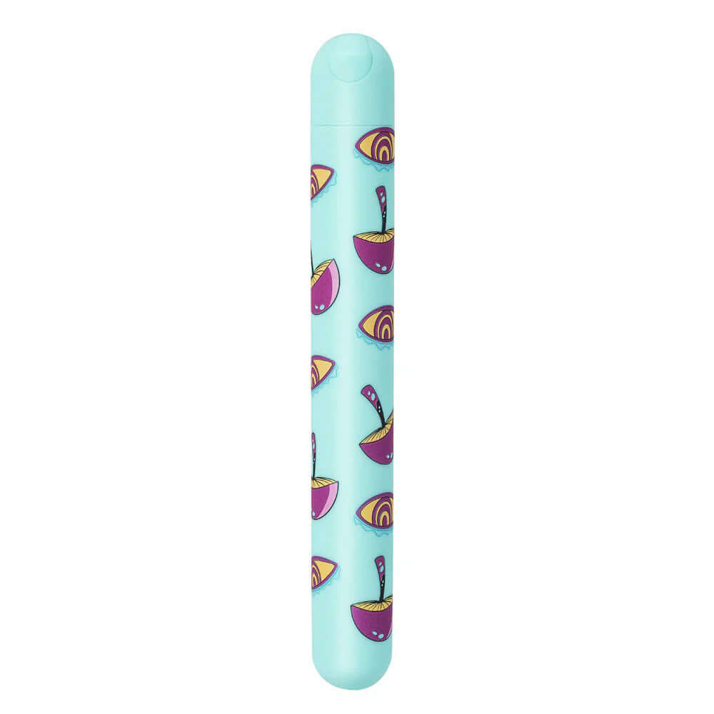 Lucy mushroom pattern rechargeable bullet vibrator in teal blue, featuring a slender shape and mushroom print design.