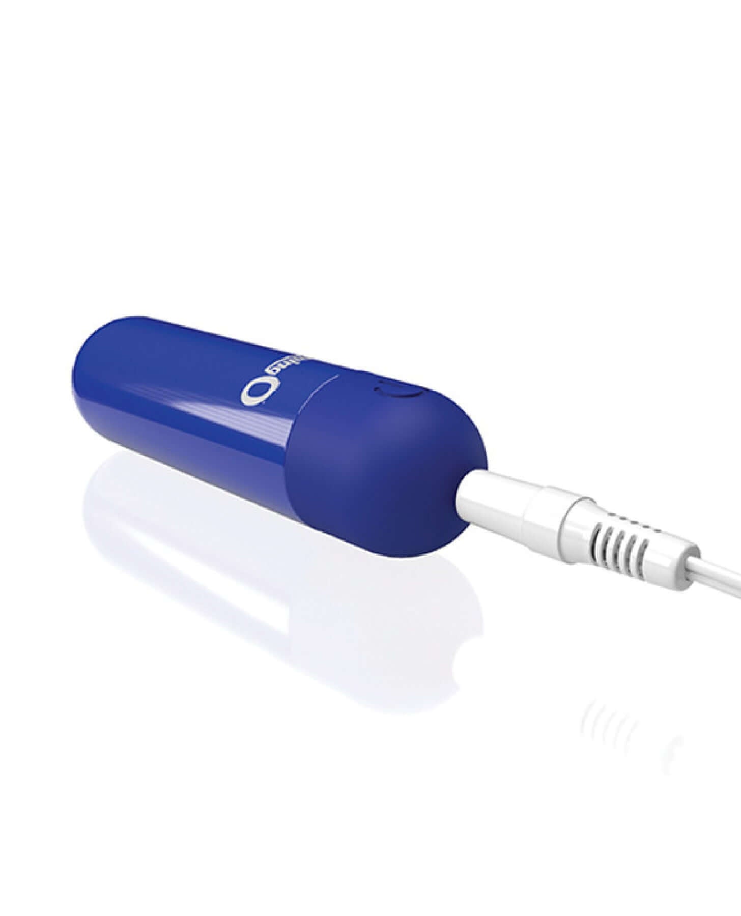 Screaming O Rechargeable Bullet - Blue connected to charger, offering powerful vibrations with 3 speeds and 1 pulse pattern.