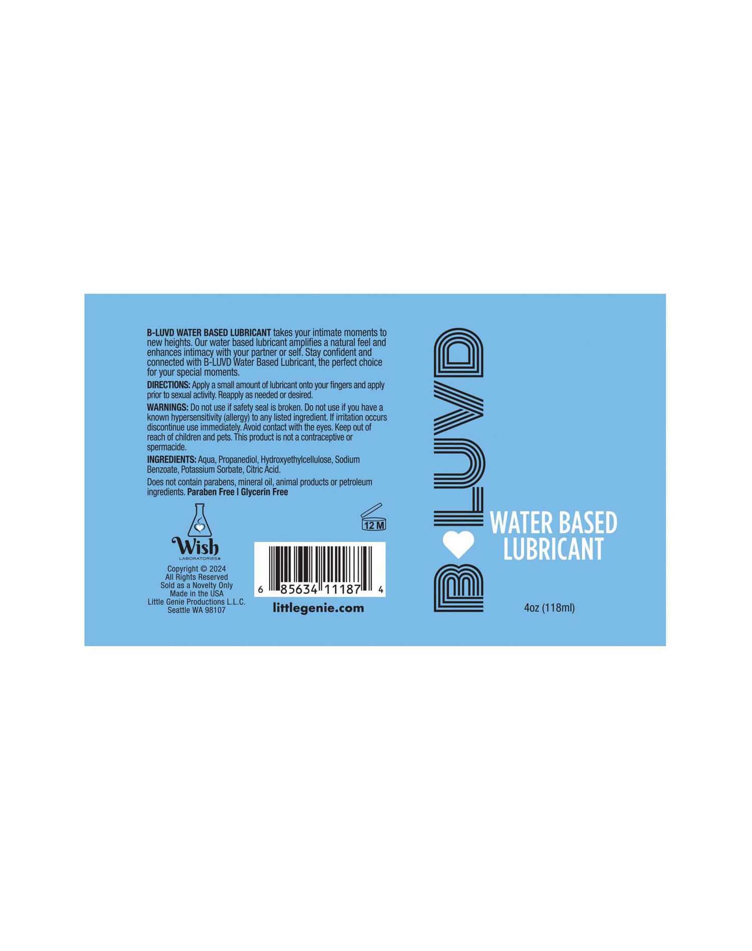 B-Luvd Water-Based Lubricant 4oz packaging with product details and barcode.