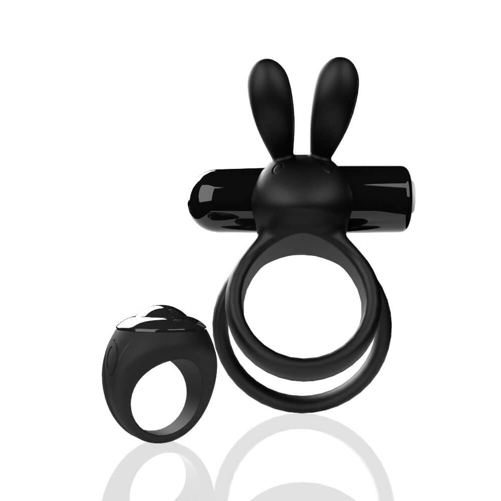 Screaming O Remote Controlled Ohare XL Vibrating Double Cock Ring in Black with Rabbit Ears Design