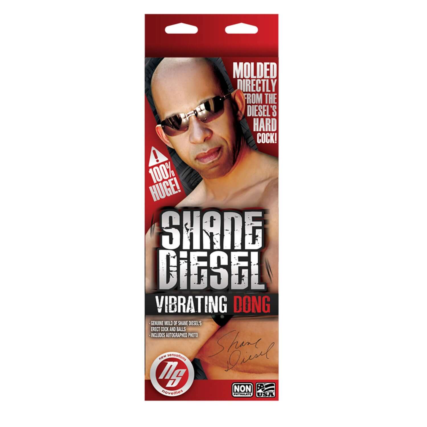 Box packaging of Shane Diesel Vibrating Dong with image of product mold and features.