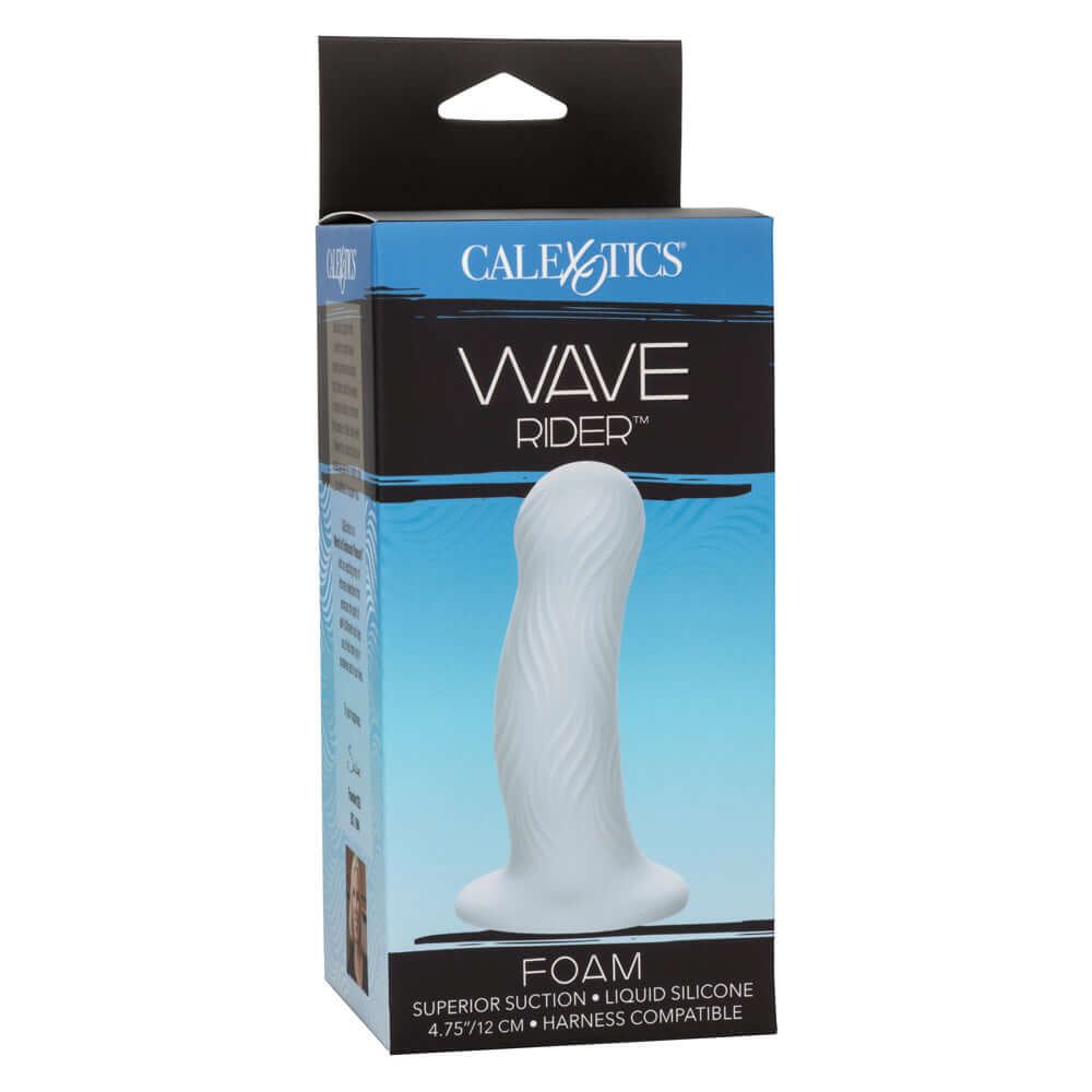 "Wave Rider Foam Dildo in blue packaging with wavy texture for maximum pleasure"