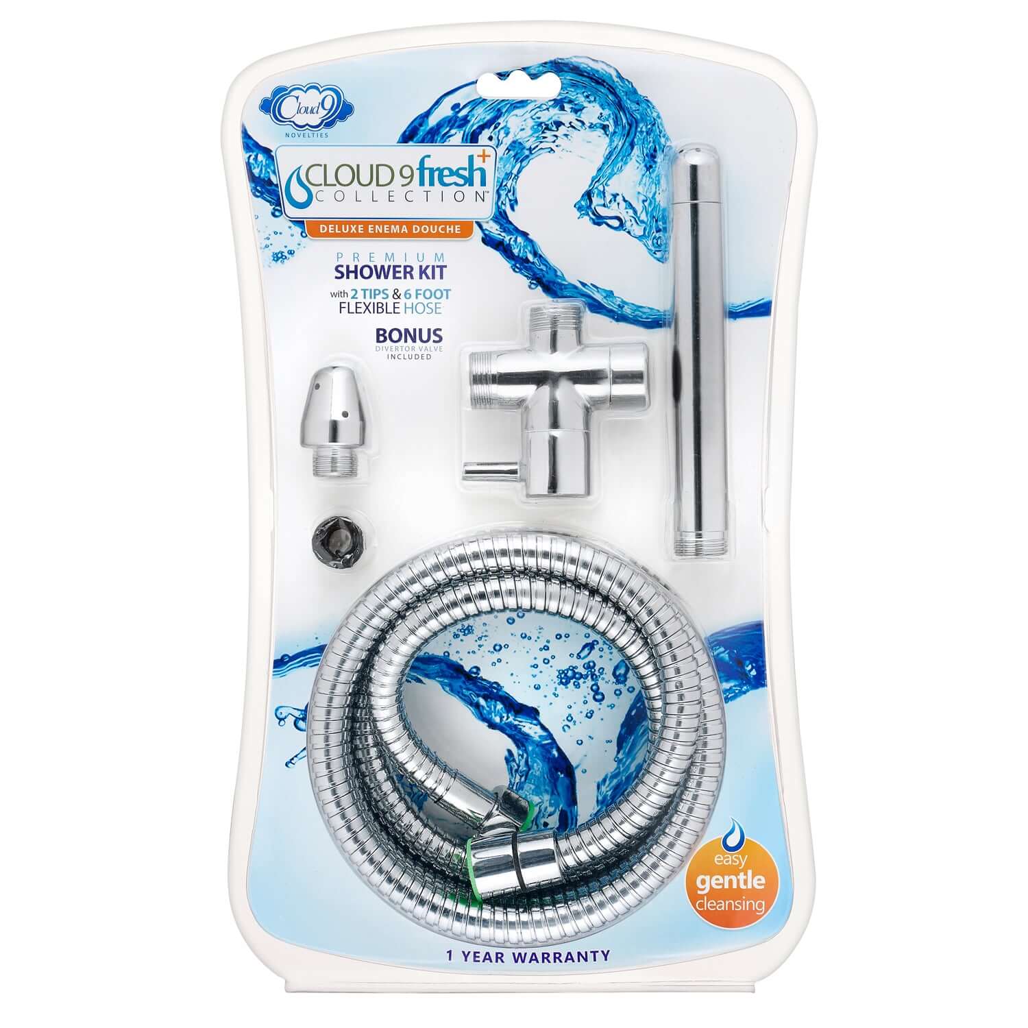 Fresh Premium Shower Enema Kit with Diverter and Tips displayed in packaging, featuring a flexible hose and bonus comfort nozzle.