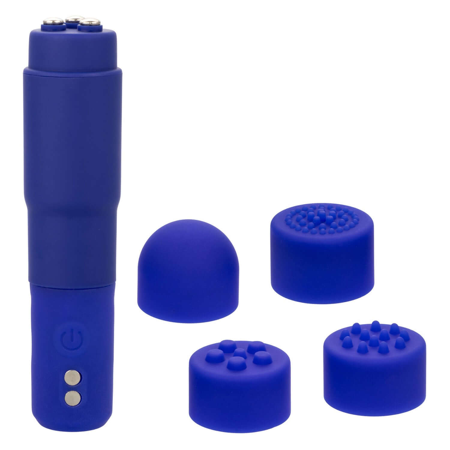 Kyst Mega-Mite Massager in purple with four interchangeable silicone tips for personalized pleasure and convenience.