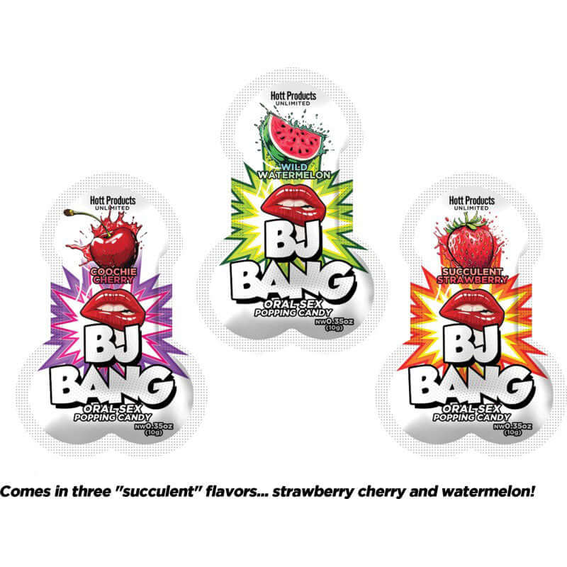 BJ Bang oral sex popping candy in cherry, watermelon, and strawberry flavors - Display holds 72 pieces