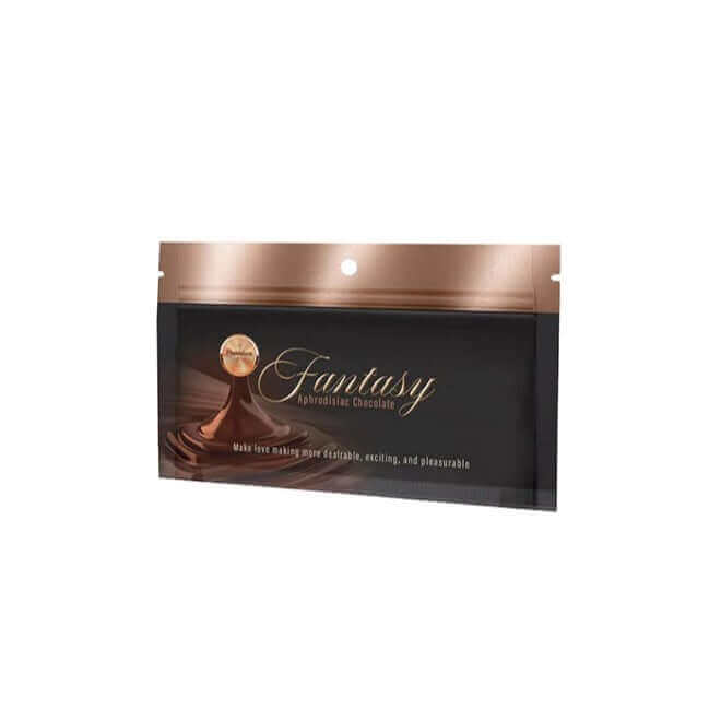 Fantasy Aphrodisiac Chocolate packaging for enhancing energy, libido, and satisfaction with premium ingredients.