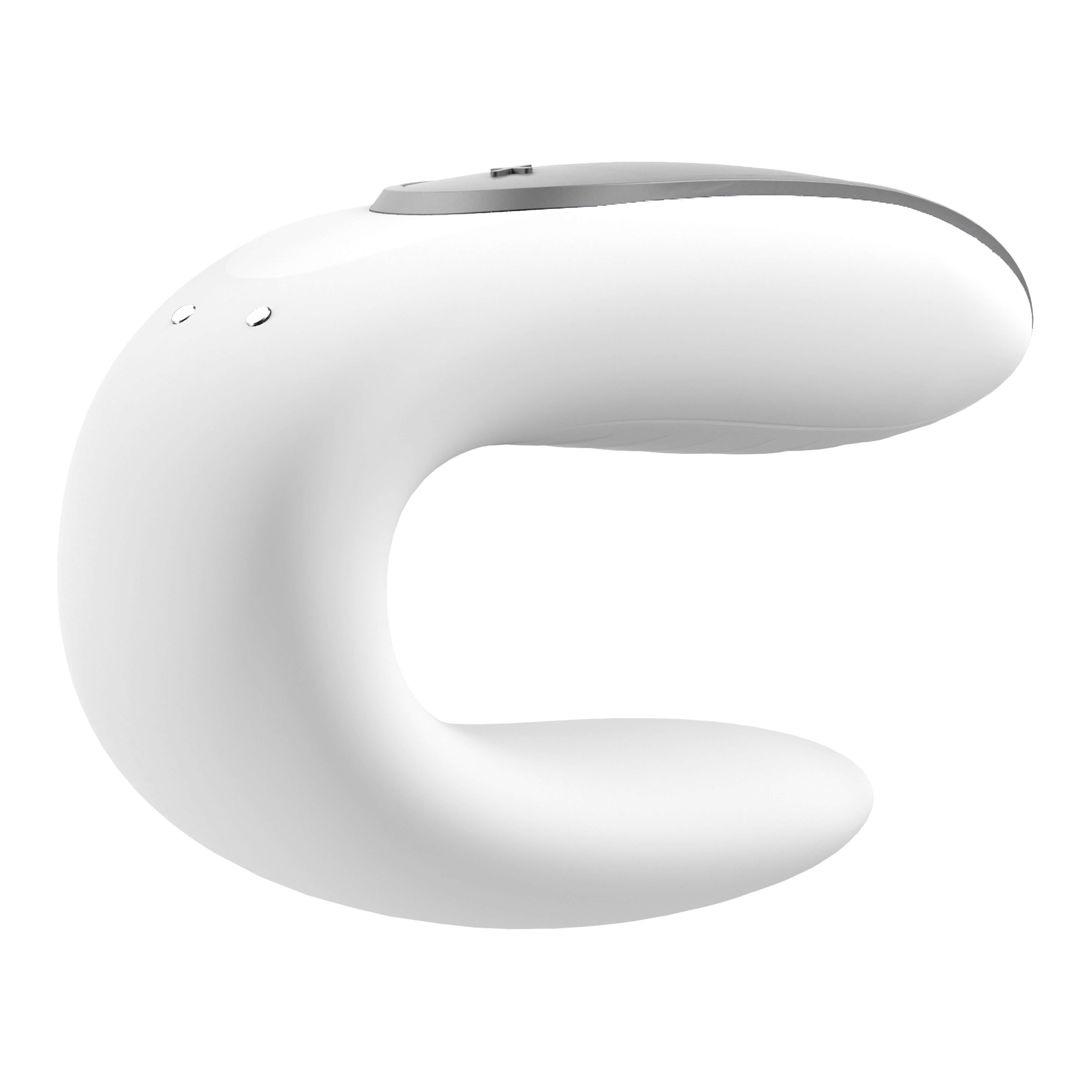 Double Fun Couples Massager in white, U-shaped design for enhanced stimulation of clitoris, G-spot, and penis.