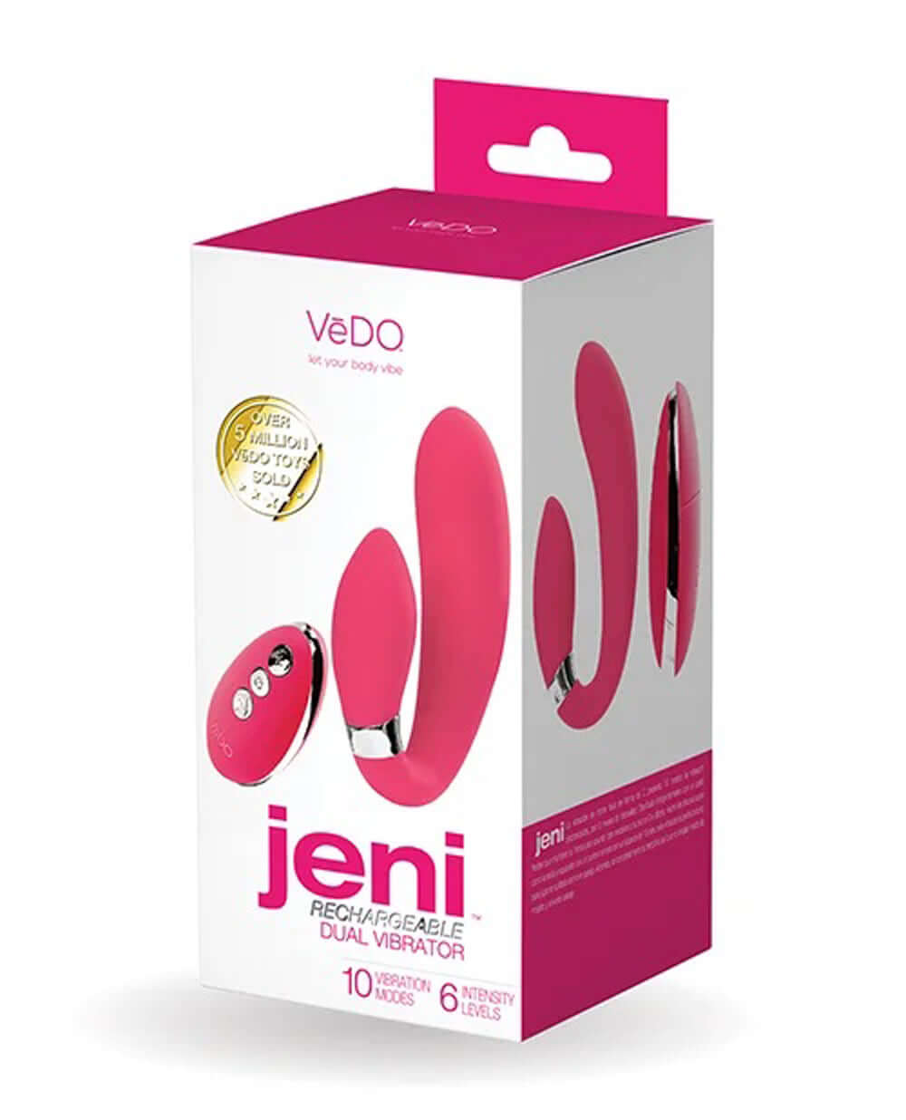 Jeni C-Shaped Dual Motor Vibe packaging, featuring 10 vibration modes and 6 intensity levels in pink.