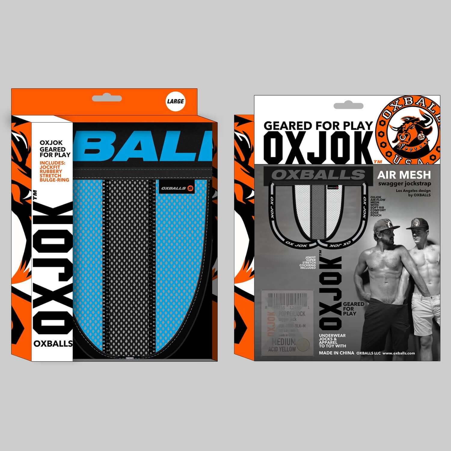 Airmesh Upthrust Slider-Strap Jock Sky Blue Large packaging - front and back view with Oxballs branding.