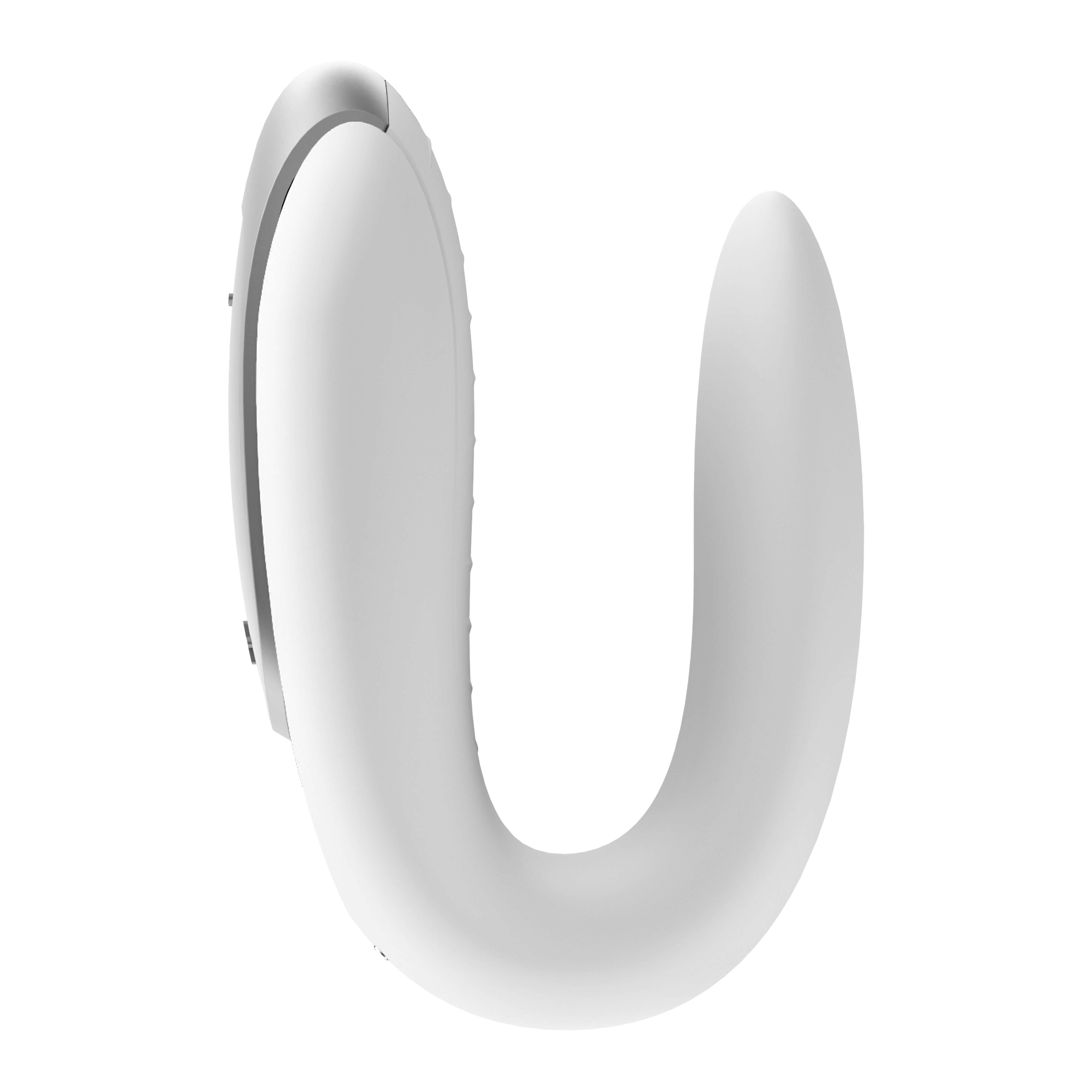 Double Fun Couples Massager in white, U-shaped design for shared pleasure with app control and powerful vibrations.