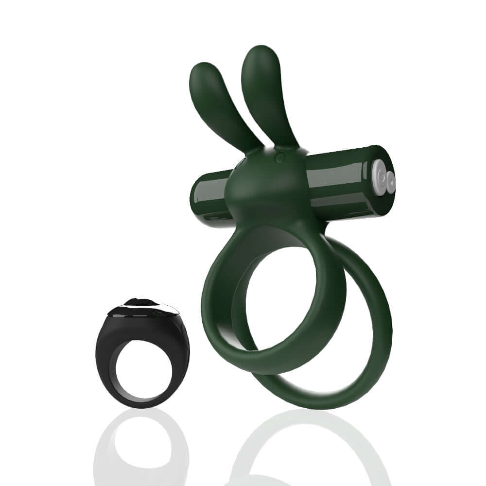 Remote Controlled Ohare XL Vibrating Rabbit Ring with green double cock ring and black remote control.